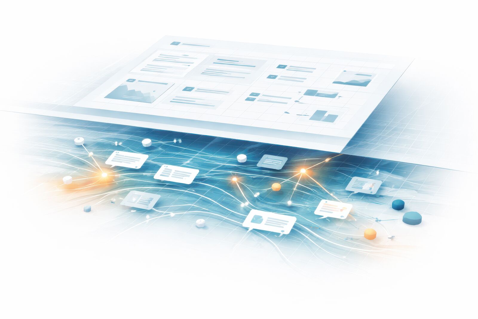A structured dashboard floating above a web of scattered AI tools and data flows, illustrating the gap between organized policy and ungoverned usage
