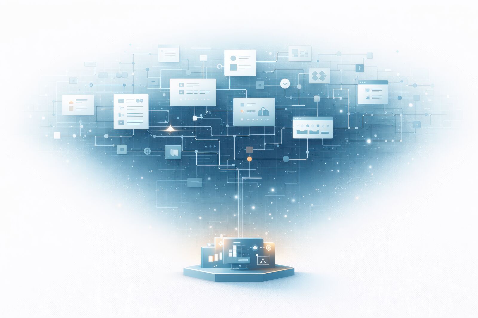 A cloud of interconnected digital interfaces and data nodes expanding outward from a central platform, representing untapped AI capabilities