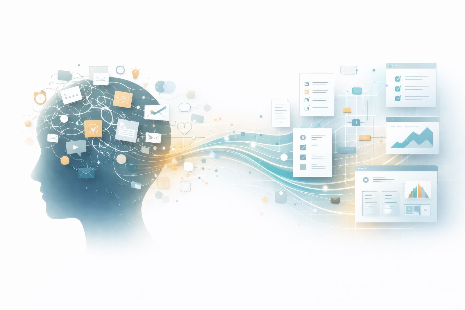 A silhouette of a head with swirling thoughts and tasks flowing outward into organized checklists, charts, and structured systems